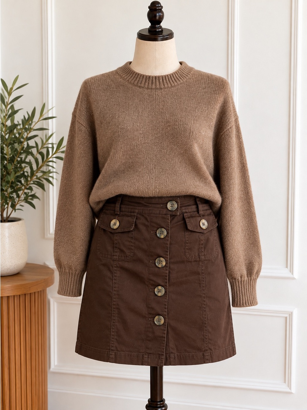 Jones New York Brown Button Front Skirt 6P Dark Academia Office Siren